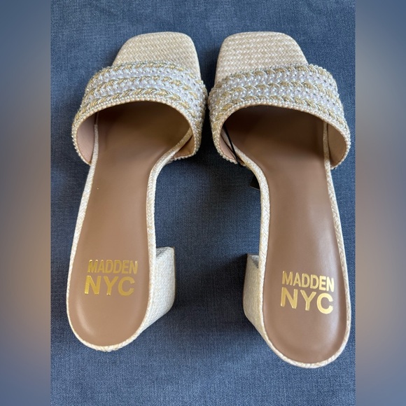 Madden NYC Block Heel Slip On Sandals Woman’s SZ 9 Cream Textured Beaded New - Picture 10 of 13